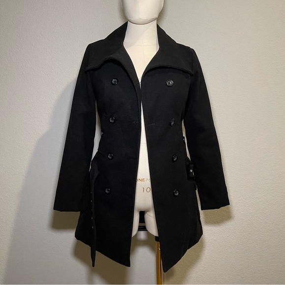 I.N. San Francisco Black double breasted coat with belt - Picture 1 of 7